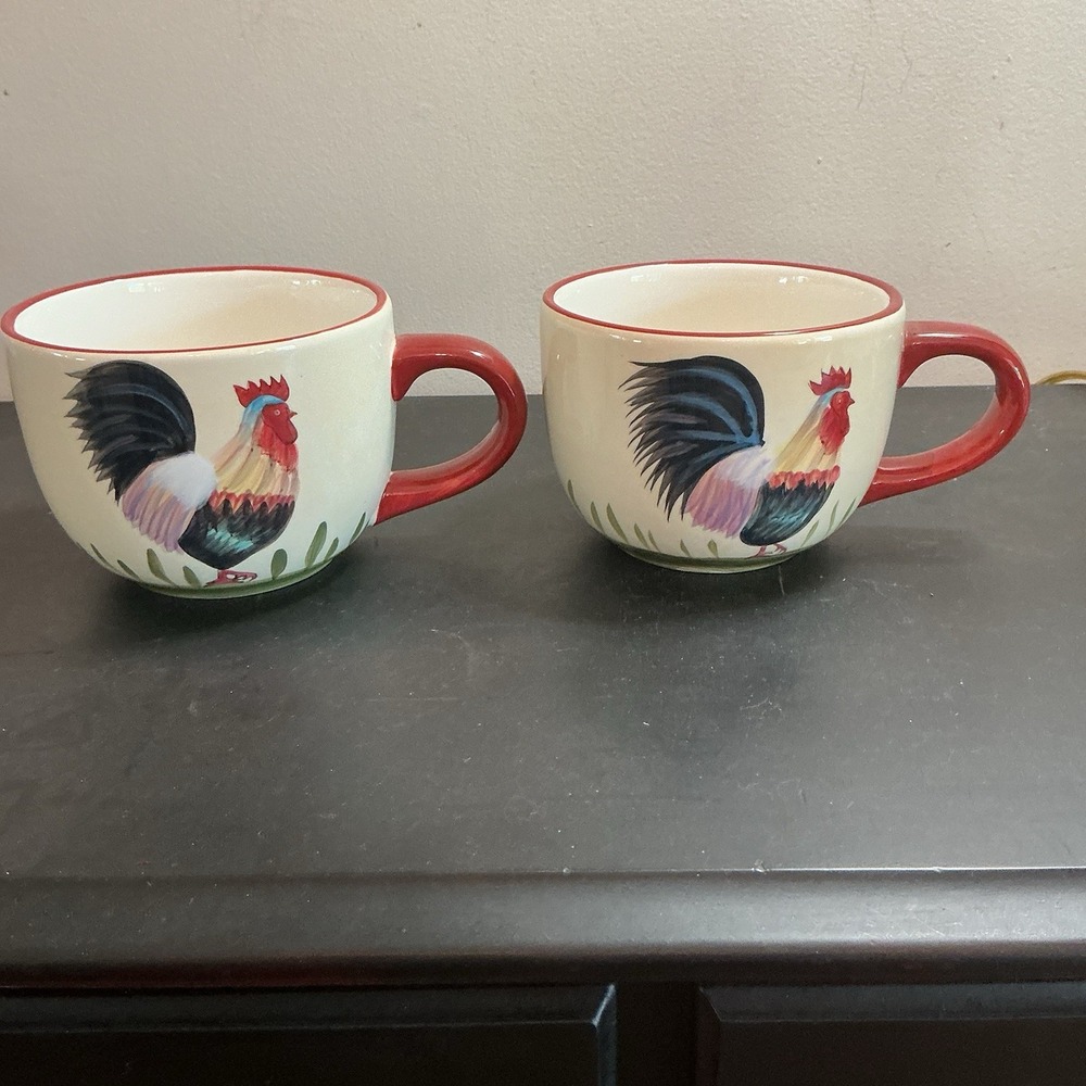Home Interiors The Rooster Set Of  2 Large Mugs 4 3/4"
